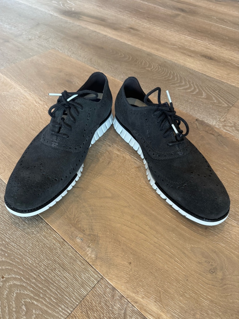 Cole Haan Zero Grand Black Suede Wingtip Oxfords with White Lightweight Sole